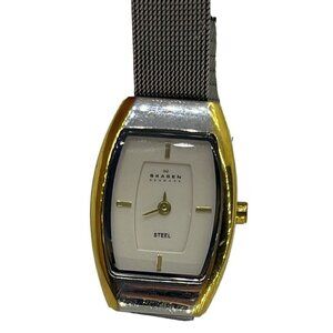 Skagen Denmark Steel Ultra Slim Two Tone White Face Women's Watch Mesh Bracelet